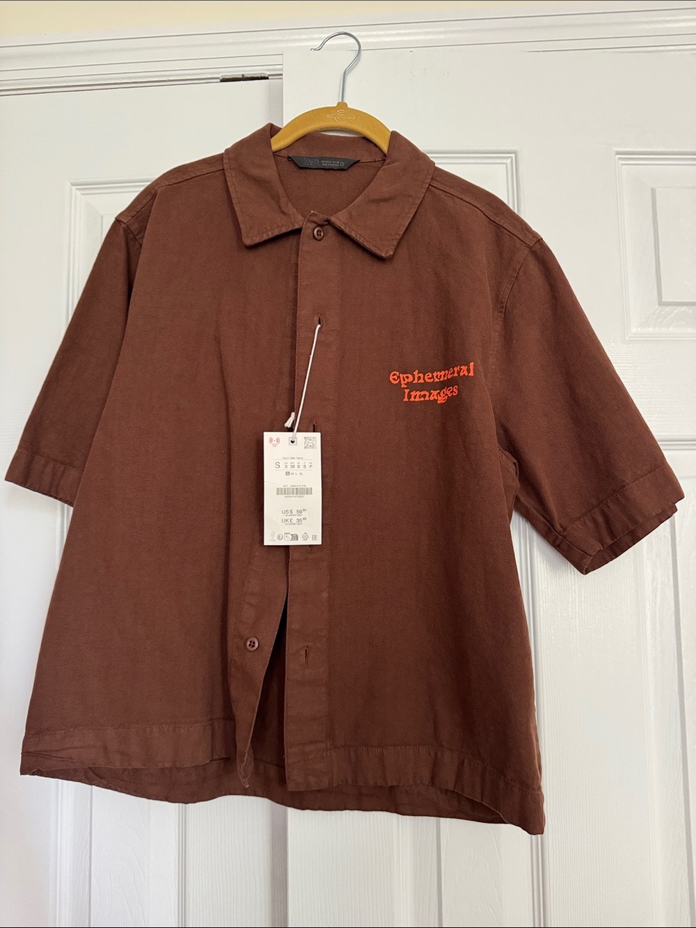 Zara Men's Short-Sleeve Button Down Denim Shirt - Brown Size S NEW WITH TAGS